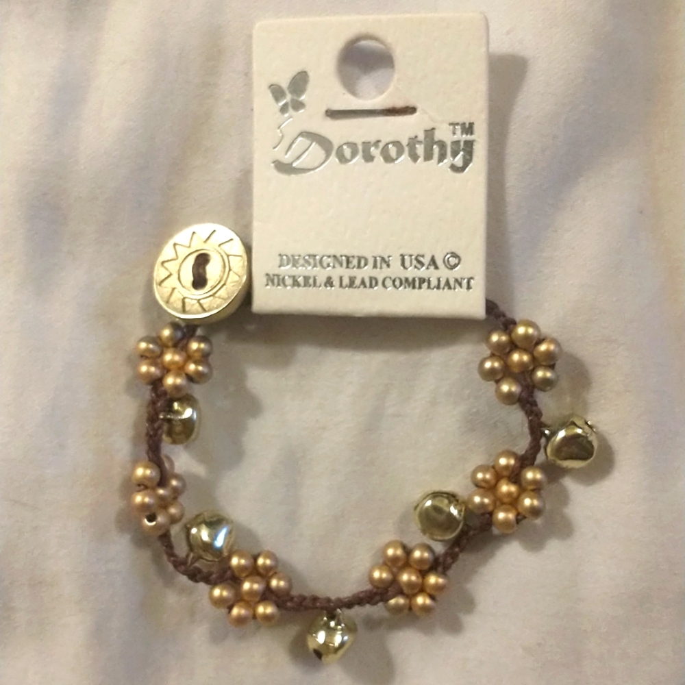 DOROTHY Braided Flower Beaded Charm Bracelet Gold-toned bells & Sundial Closure